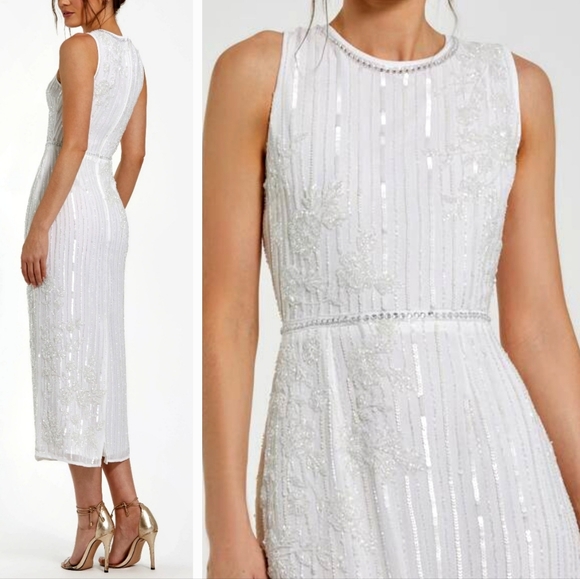 Mac Duggal Dresses & Skirts - NWT Mac Duggal 70260 White Striped Beaded Floral Embellish Sleeveless Midi Dress